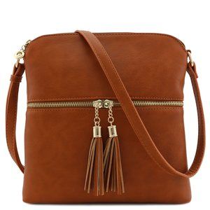 Tassel Ziocket Pu Leather Crossbody Bag Dark Tan ^-^